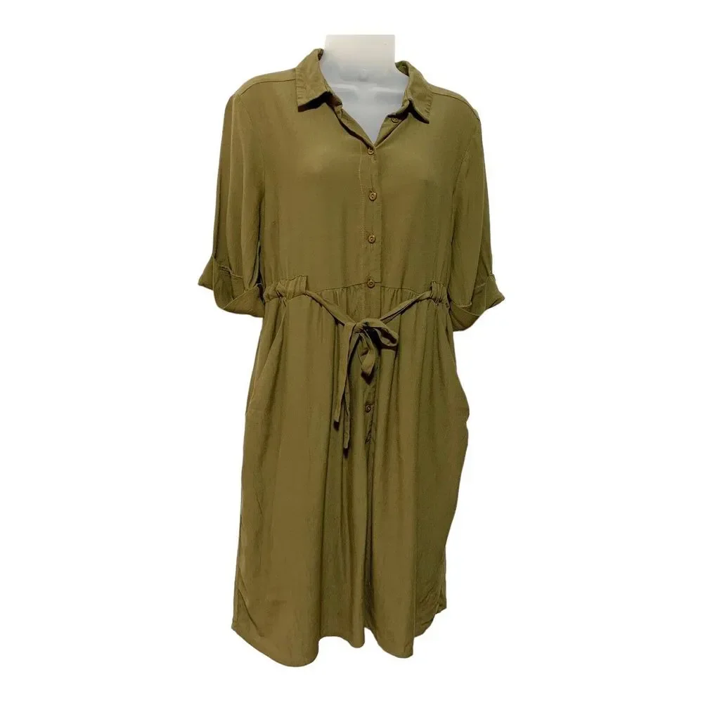 ASOS Womens Dress Olive Green Short Sleeve Tie Waist Button Front Size 8 - Picture 3 of 12